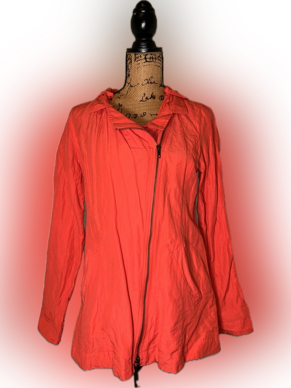 Eileen Fisher Rumpled Coral Removable Hood Lightweight Asymmetrical Zip Jacket S